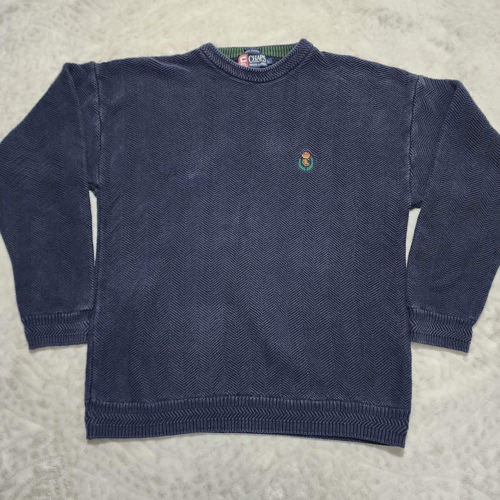 Vintage Chaps Ralph Lauren Sweater Mens L Blue Hand Framed Herringbone Chevron
